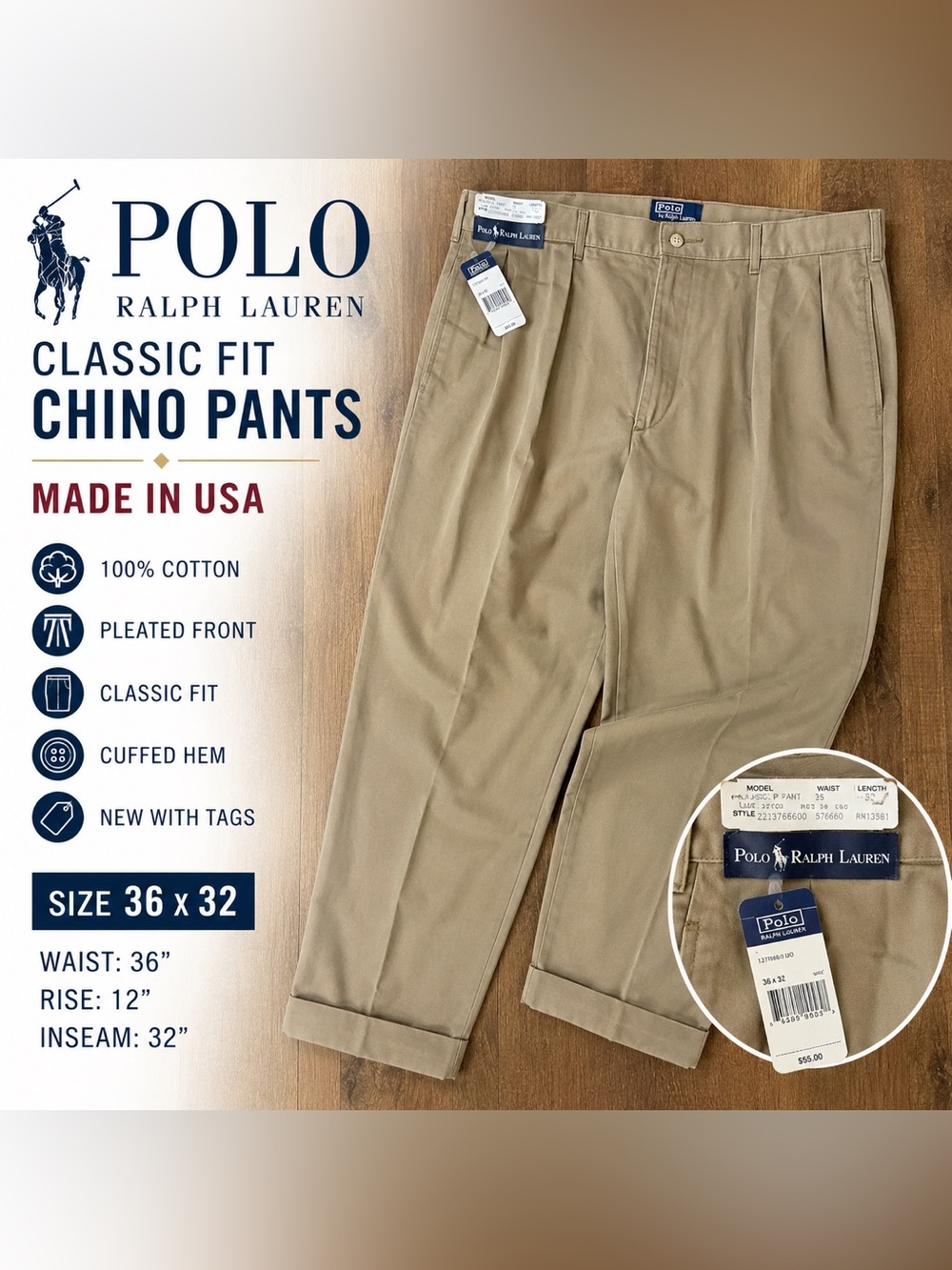 VTG Polo Ralph Lauren USA Classic Pleated Chino Pants Khaki 36x32 NWT Cotton